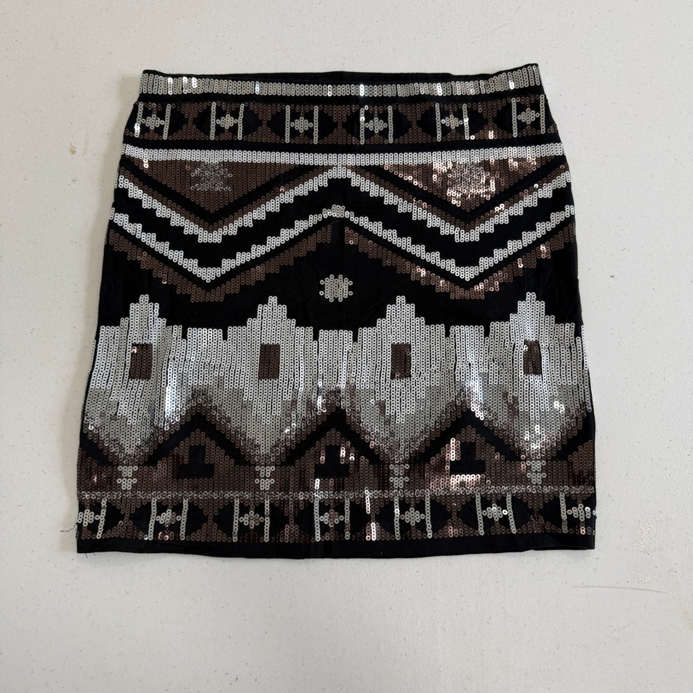 Express Womens Sequin Tribal Geometric Mini Skirt Black Silver Bronze Small